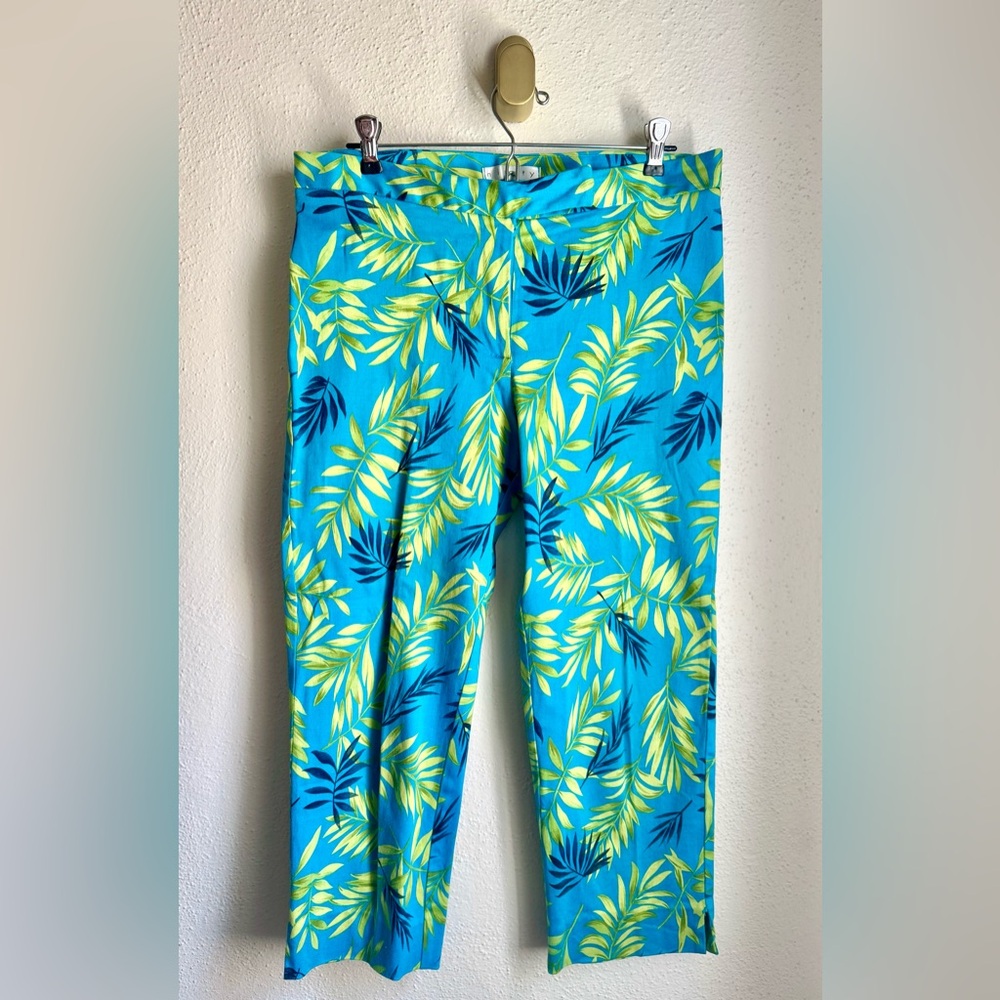 Ninety | Tropical Palm Leaf Capri Cropped Pant Trouser Blue & Green Size 12
